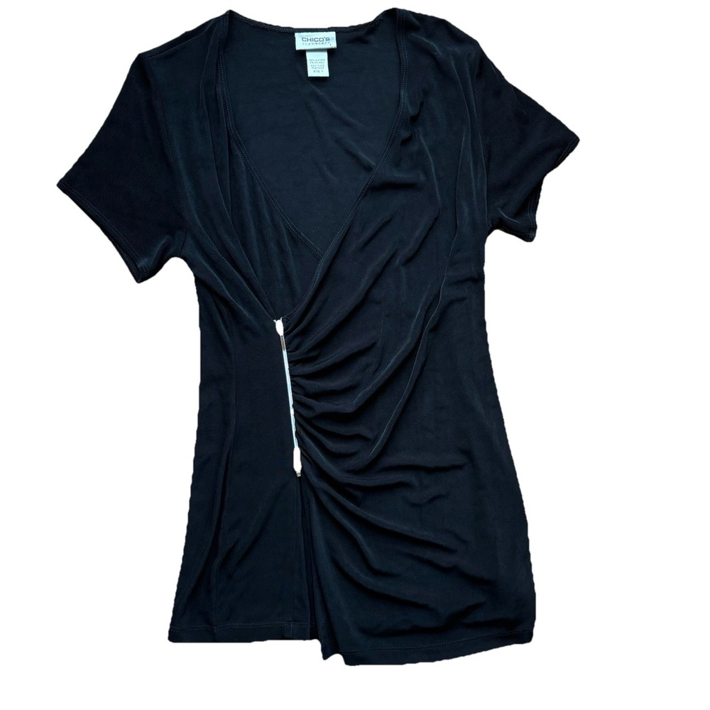 CHICO'S TRAVELERS Size 1 US M Slinky Faux Wrap Black Side Zipper Tunic Top